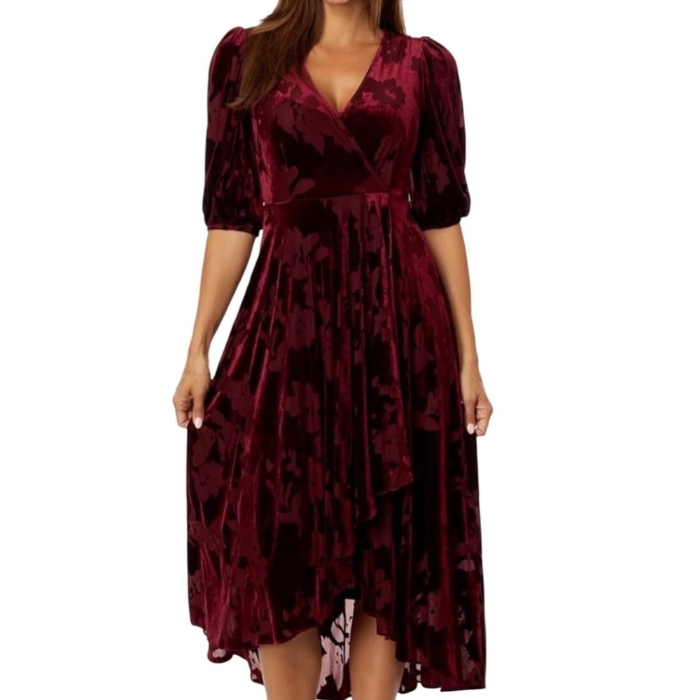 Calvin Klein Floral Burnout Velvet Faux Wrap Midi Dress Burgundy 8 Whimsigoth